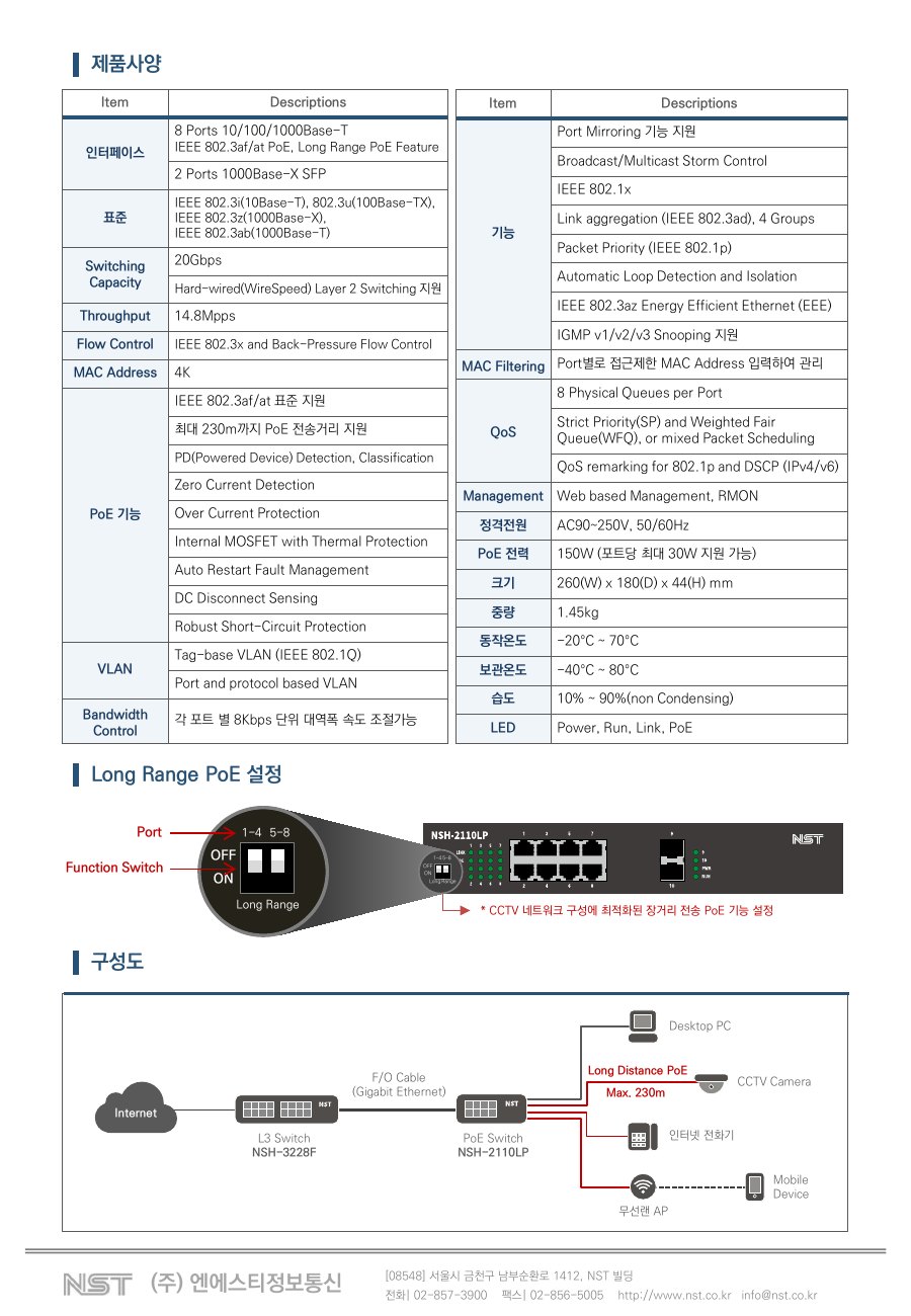 NST NSH-2110LP 8포트 기가비트 PoE 스위치 + 2 SFP (장거리 PoE 230m) 상세 이미지 6